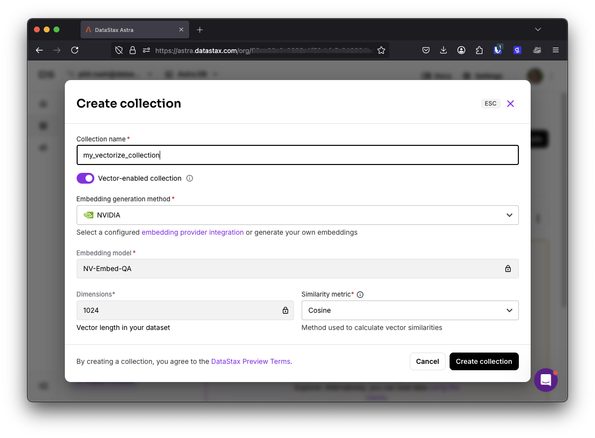 A screen shot of the form to create a collection. After the name field, there is a drop down list where you can select the embedding provider you want to use, in this example, NVIDIA has been chosen. Then there are fields for the number of dimensions and the similarity metric to use.