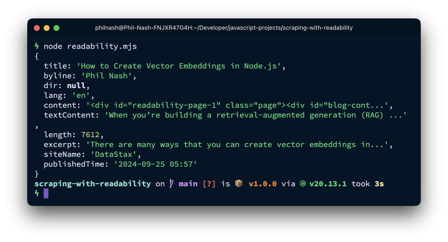 The object that Readability.js produces. It has properties for the title, byline, dir, lang, content, textContent, length, excerpt, siteName, and publishedTime.