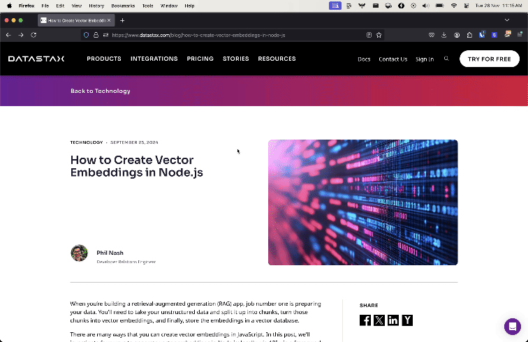 An animation that shows browsing a blog post on the DataStax blog. You can see the content, but also the header navigation and the sidebar, which are irrelevant for RAG. Clicking on reader mode strips away the site design and all the extra content leaving just the article.