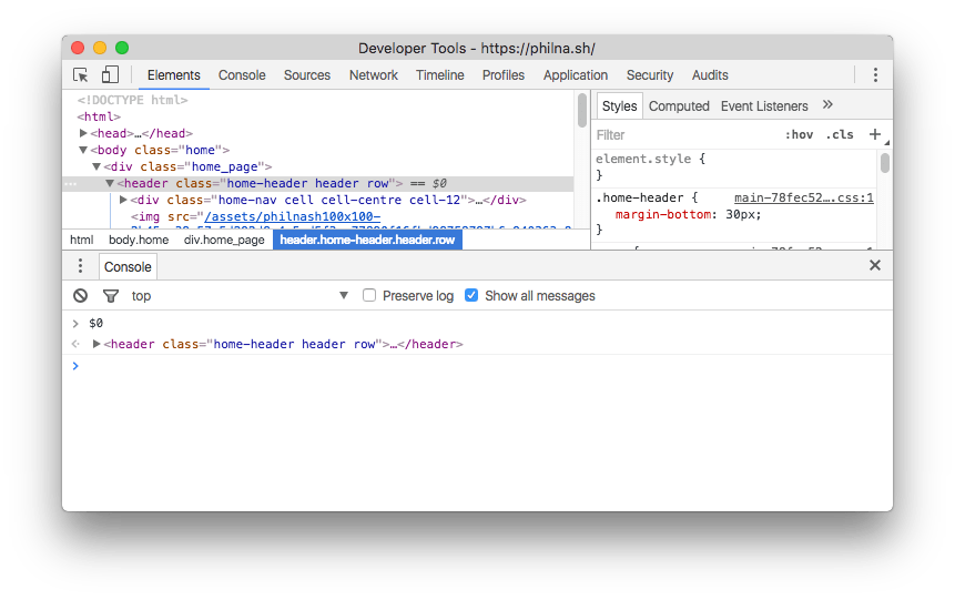 Typing $0 in the Chrome dev tools console will grab a reference to the currently selected element.