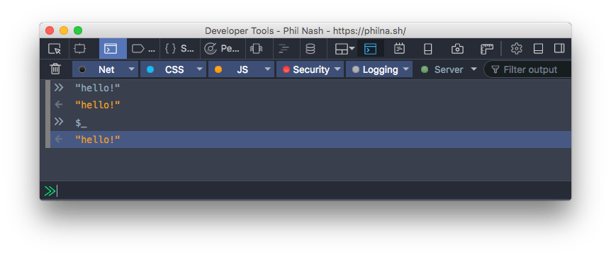 Typing $_ in the dev tools console will grab a reference to the last returned object in the console.