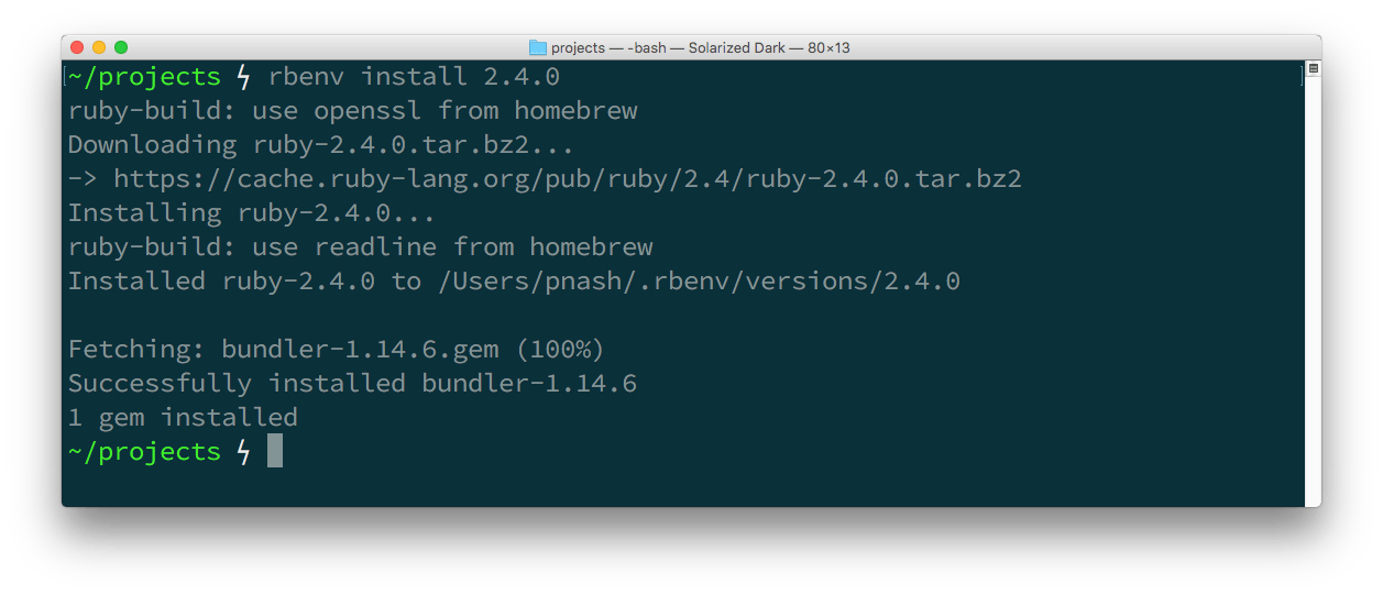A terminal window shows the result of running `rbenv install 2.4.0`. Not only is Ruby 2.4.0 installed, but so is the latest version of Bundler.