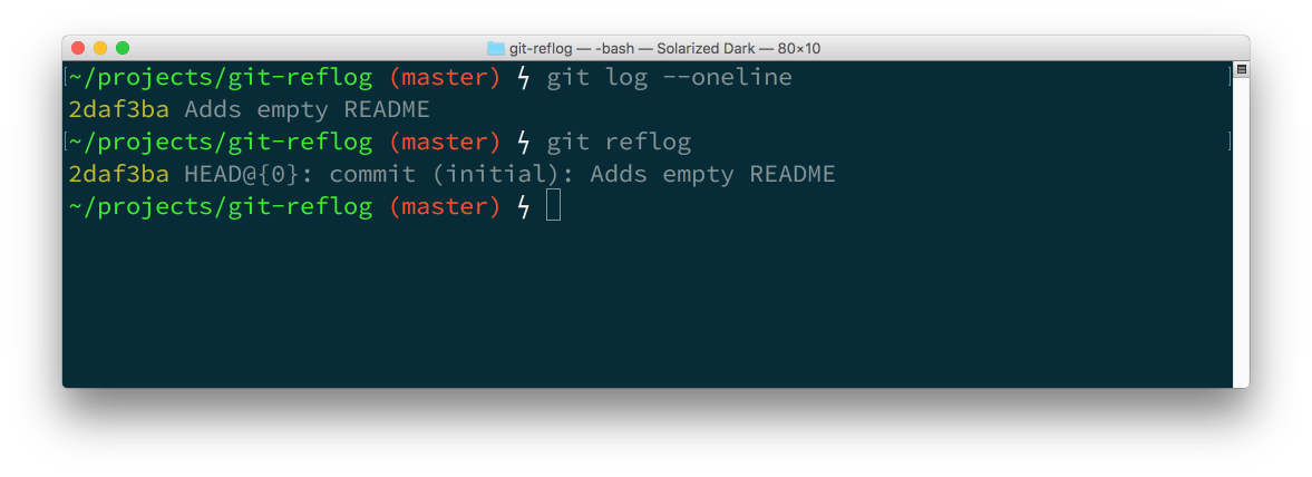 Both log and reflog show the same initial commit.