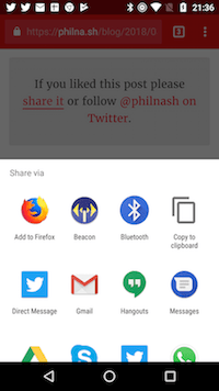 When you press the share button on Android, the share tray will appear.